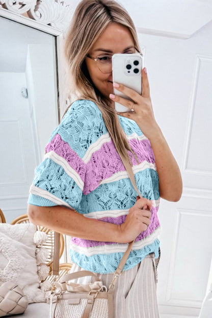 Lila streifen farbe block hollow out crochet halbe ärmel pullover