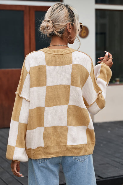 Khaki karierter pullover mit läuferärmeln