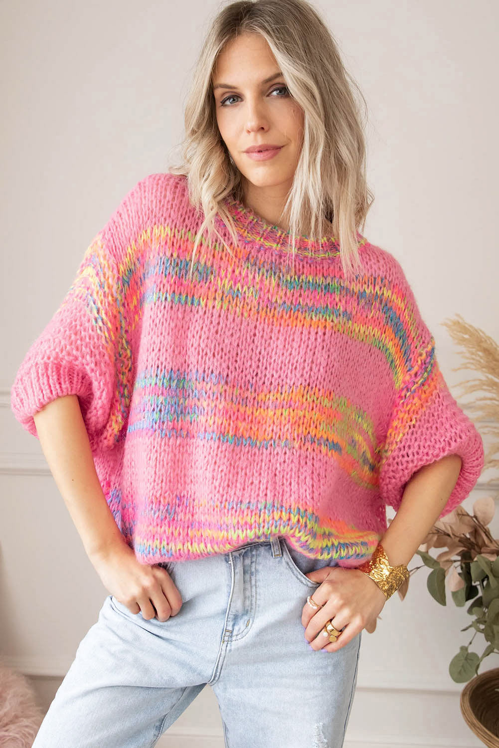 Rose bunte streifen 3/4 ärmel lose pullover