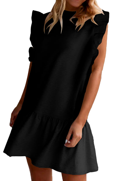 Schwarzes shiftkleid mit rundhalsausschnitt und flatterärmeln