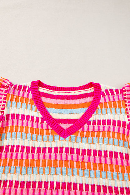 Rose rot multi flutter ärmel gestrickt pullover top