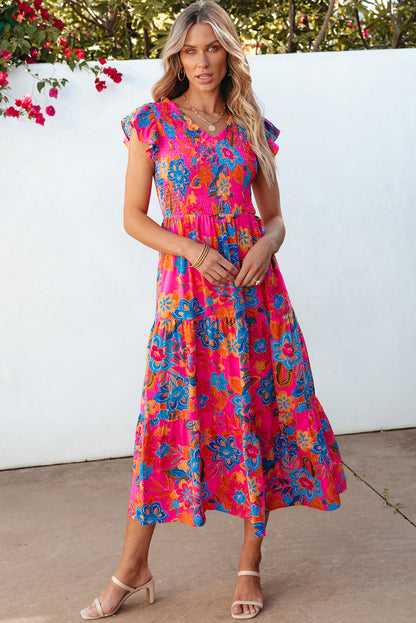 Rosenrot boho floral v-ausschnitt rüschen gestreift langes kleid