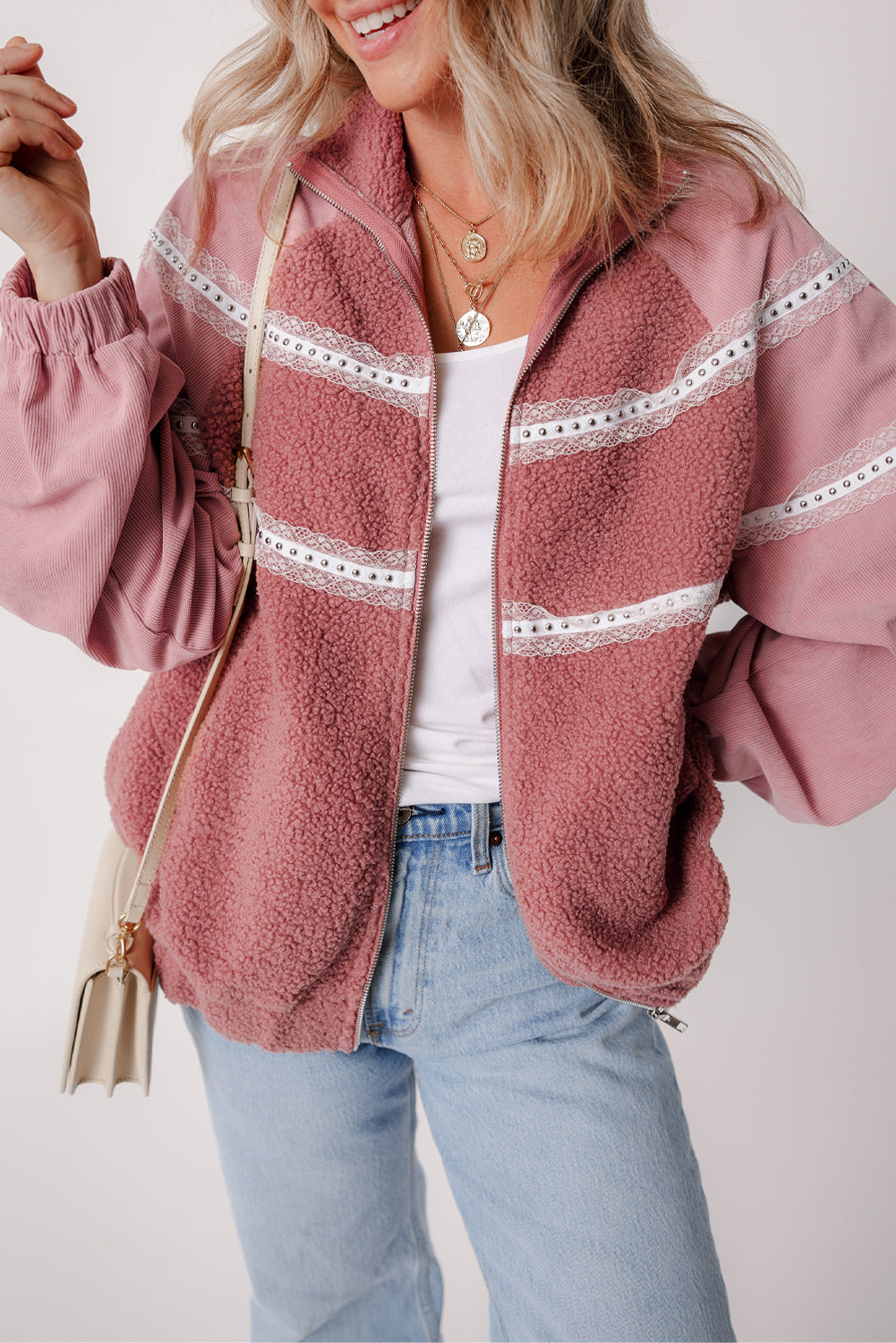Rosa sherpa patchwork spitze elastische manschette zip up jacke