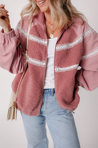 Rosa sherpa patchwork spitze elastische manschette zip up jacke