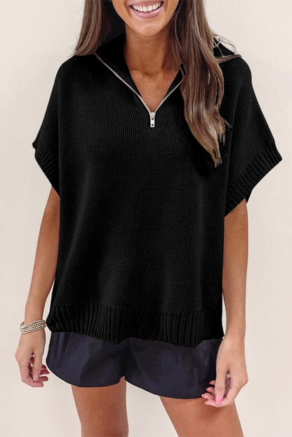 Schwarzer quarter zip pullover mit kurzen fledermausärmeln