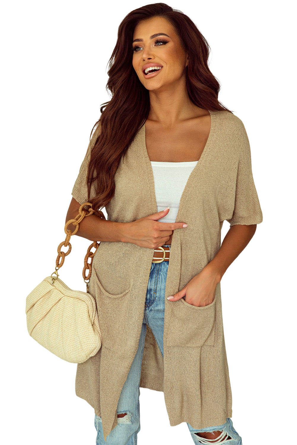 Khakifarbene dolman strickjacke mit halben ärmeln und taschen