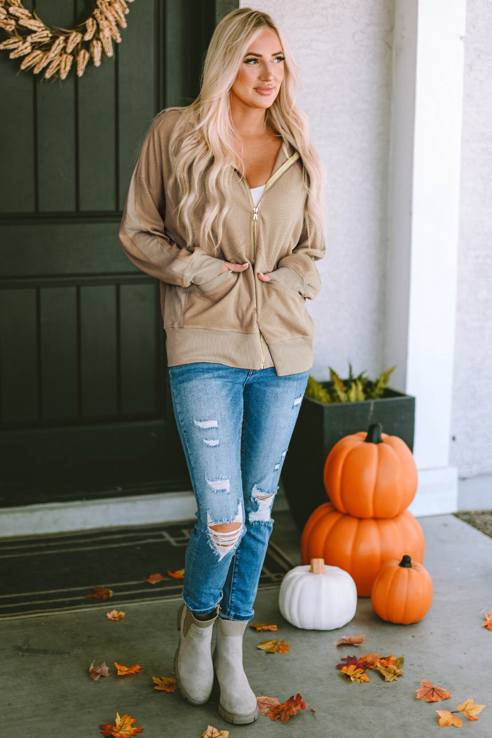 Khaki thermal waffle knit full zipper hooded jacket