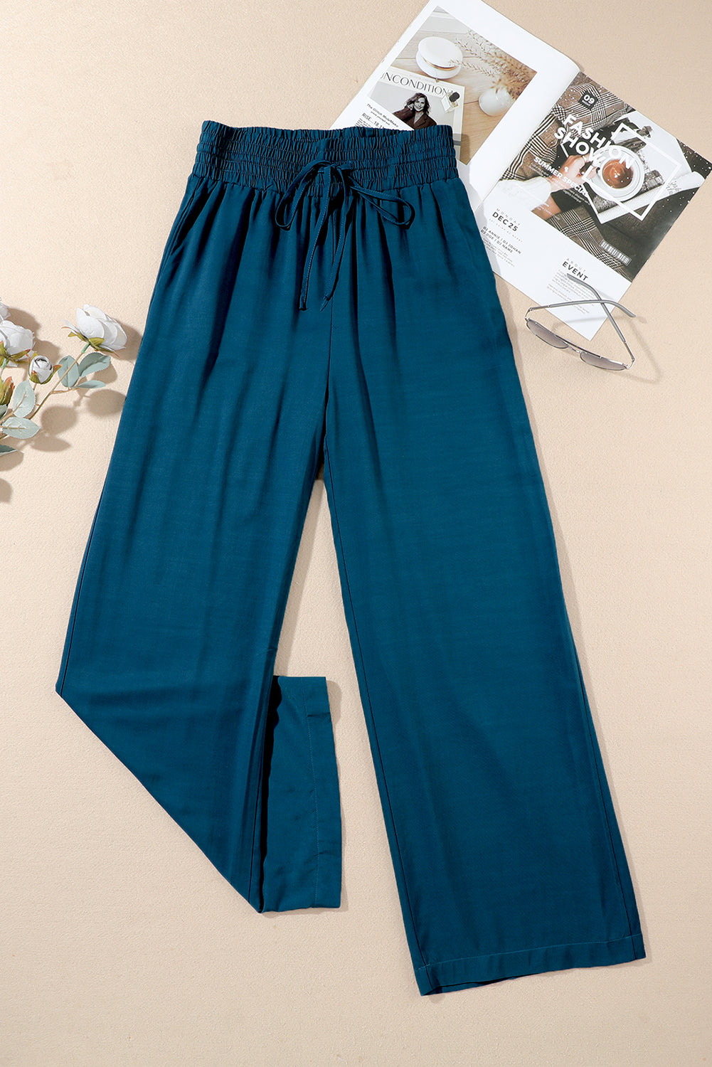 Blaue drawstring elastische taille lässige hose mit weitem bein