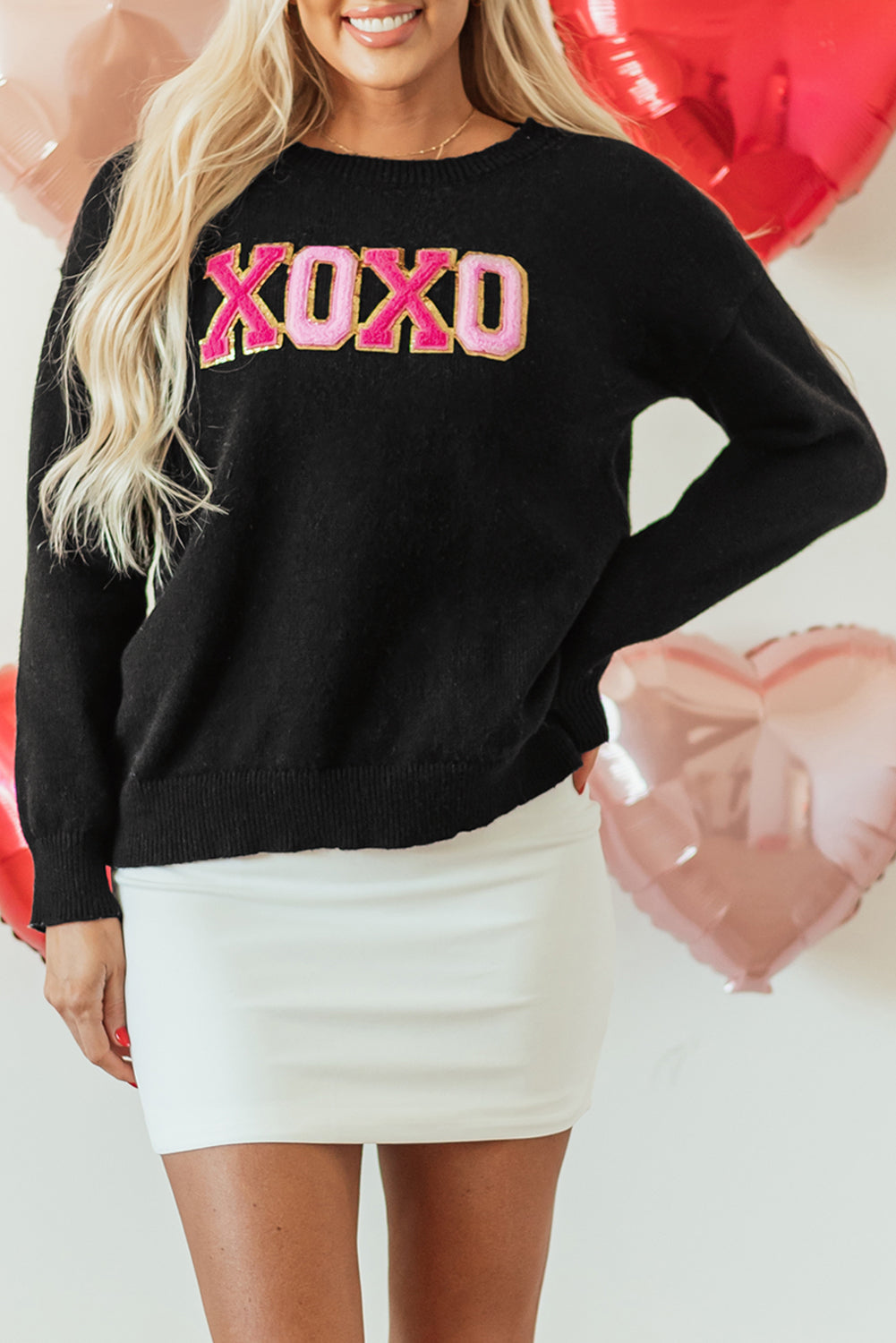 Schwarzer xoxo glitter print rundhalsausschnitt casual pullover