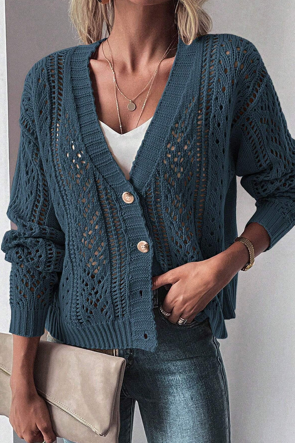 Real teal open knit drop shoulder pullover cardigan