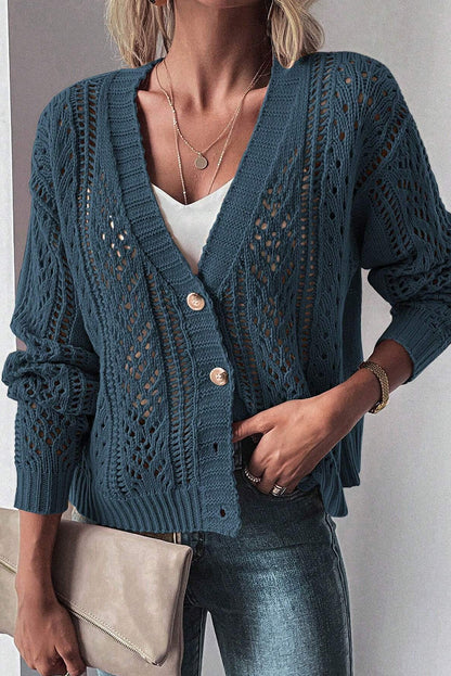 Real teal open knit drop shoulder pullover cardigan