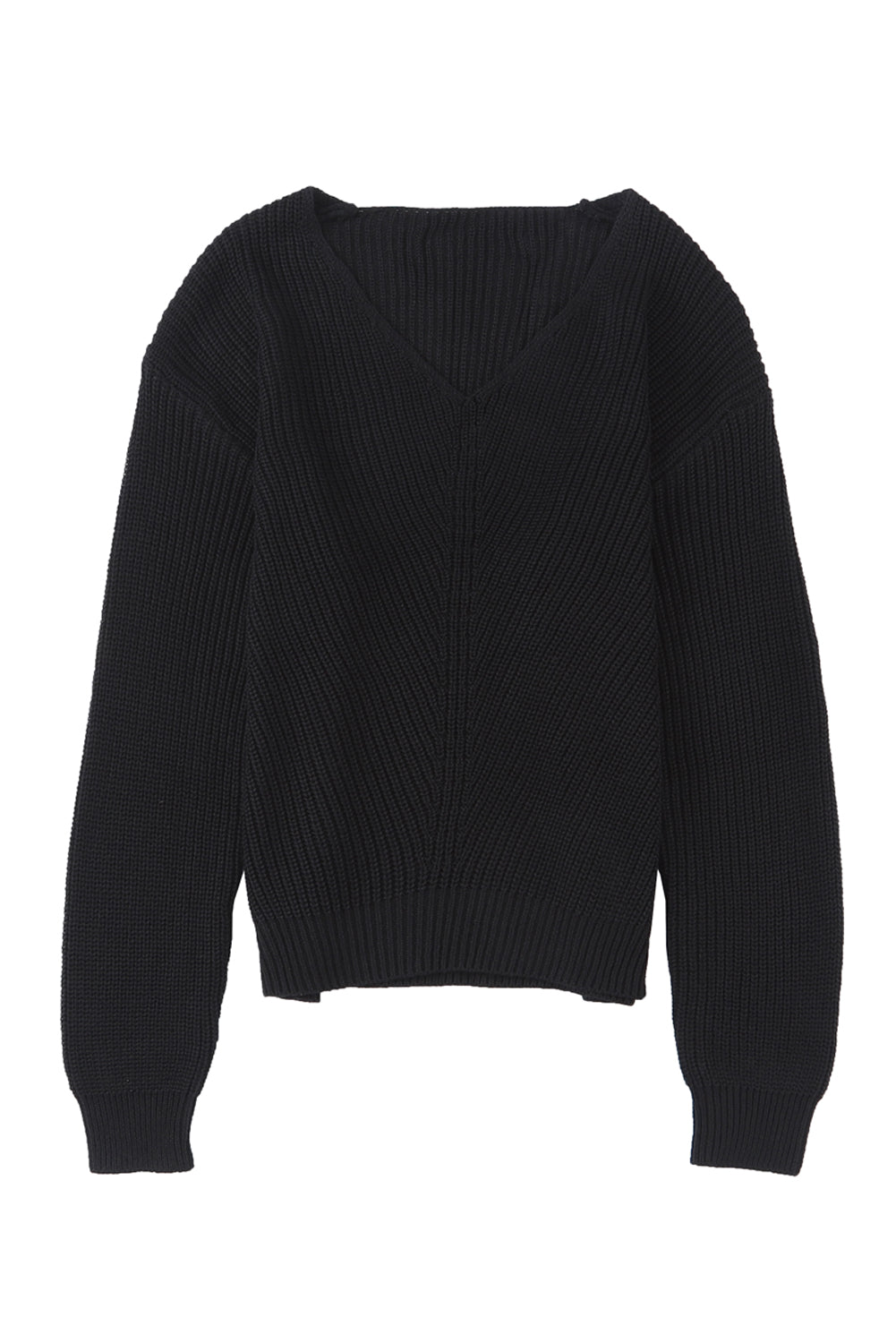 Schwarzer pullover mit v-ausschnitt aus rippenstrick