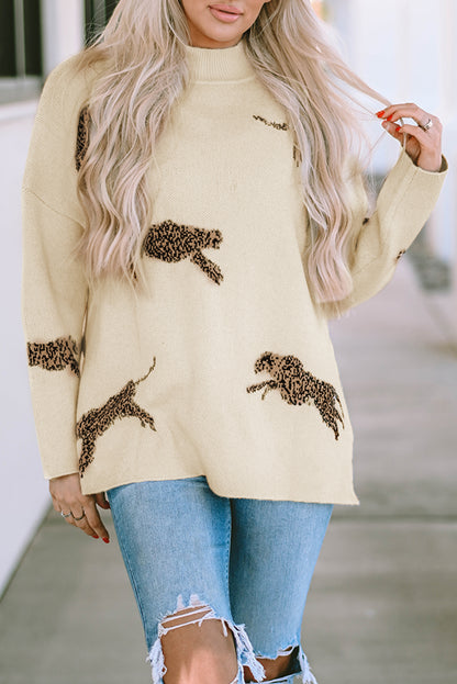 Pergament lebendiger geparden-print pullover mit hohem ausschnitt und geteiltem saum
