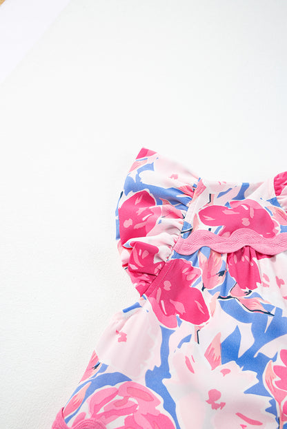 Rosa floral bedrucktes v gekerbtes ric rac kleid mit flatterärmeln