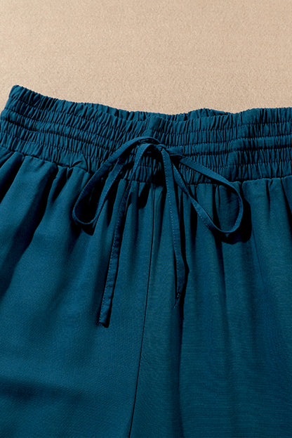 Blaue drawstring elastische taille lässige hose mit weitem bein