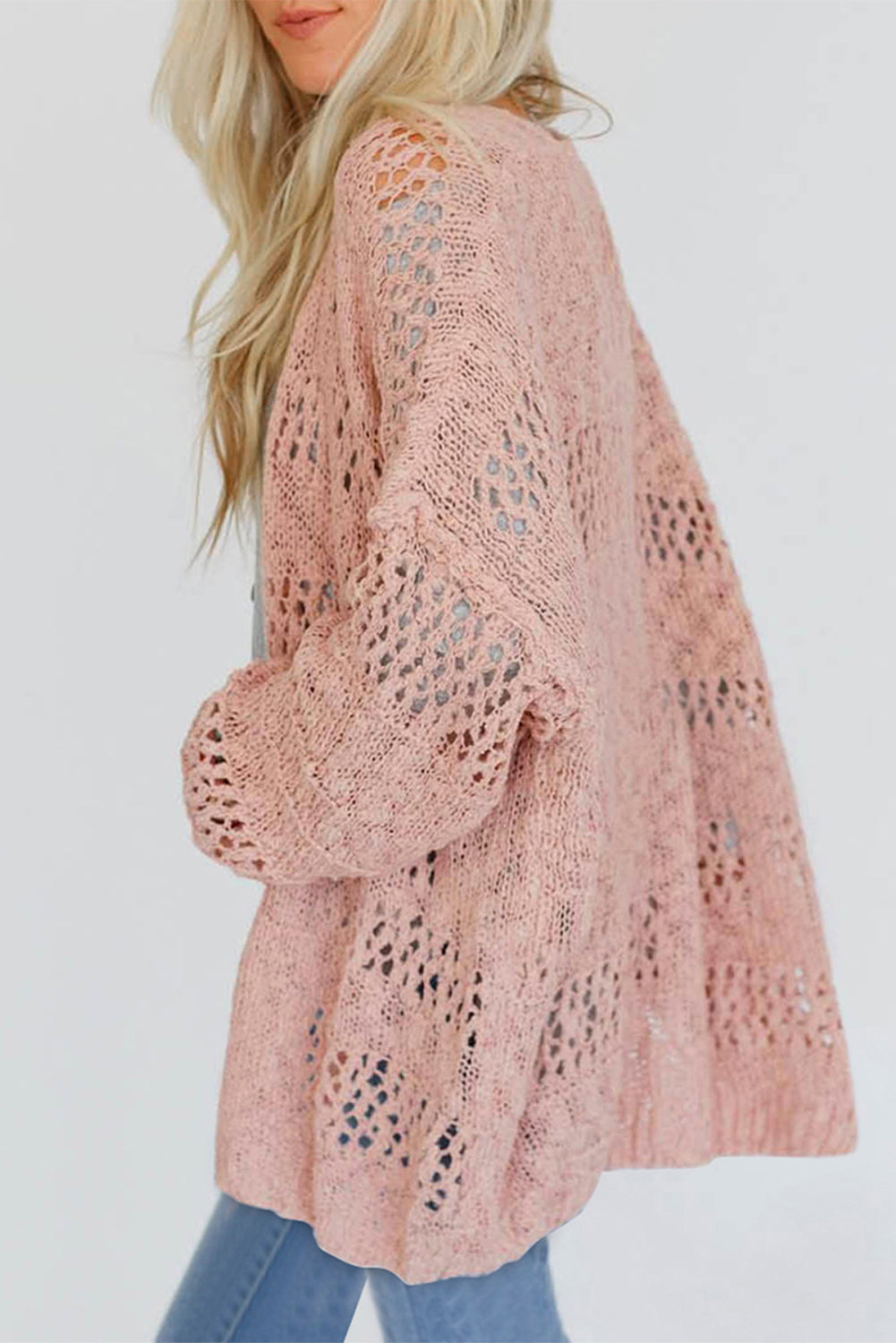 Rosa lässige strickjacke mit dolman-ärmeln und lochmuster