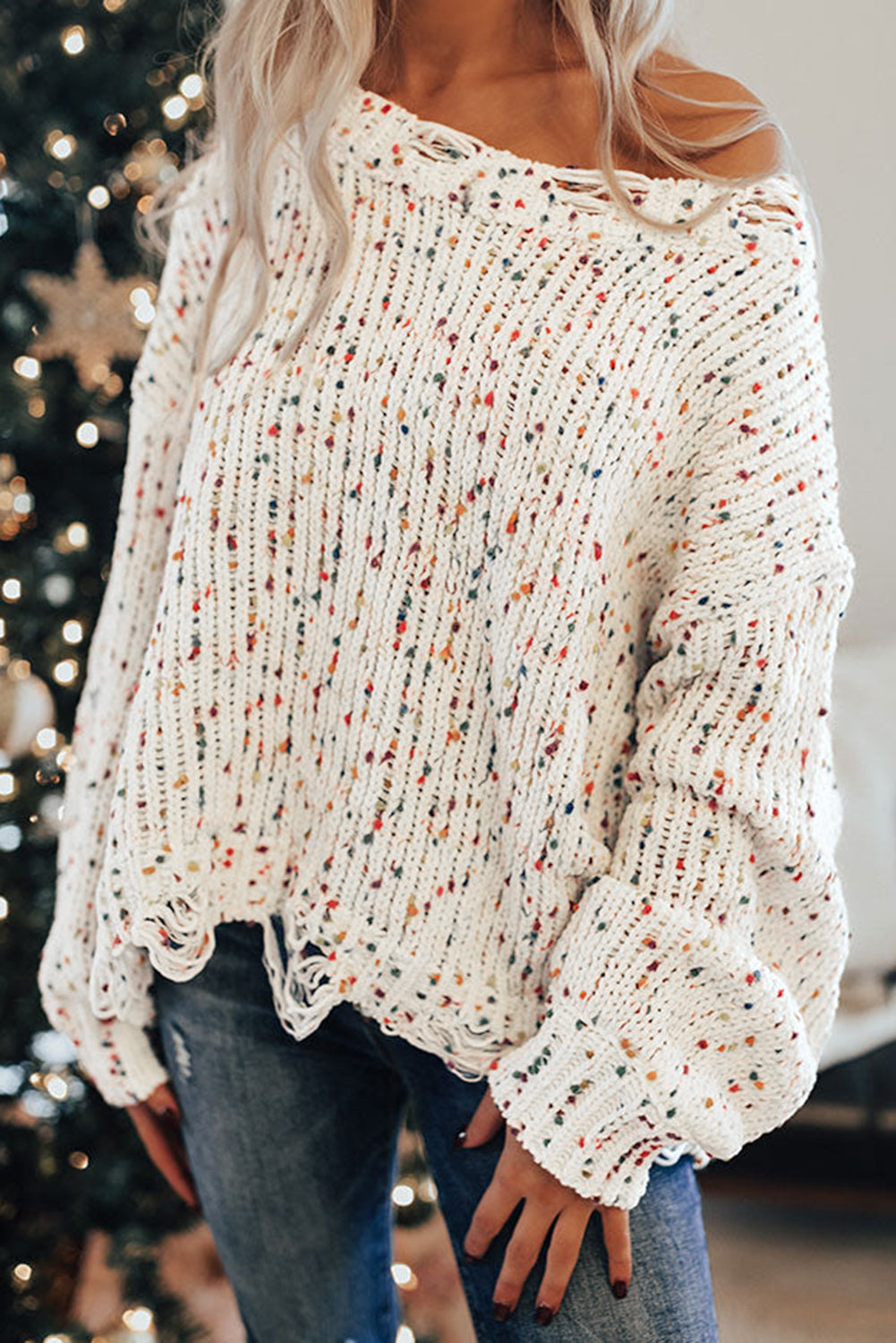Weißer bunter konfetti distressed strickpullover