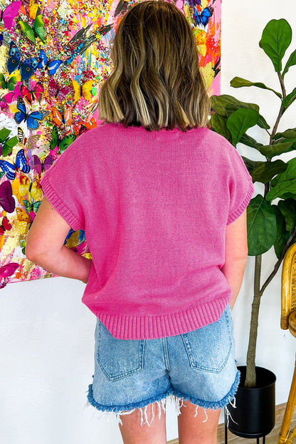 Leuchtend rosa blumenstickerei kurzarm-strickoberteil