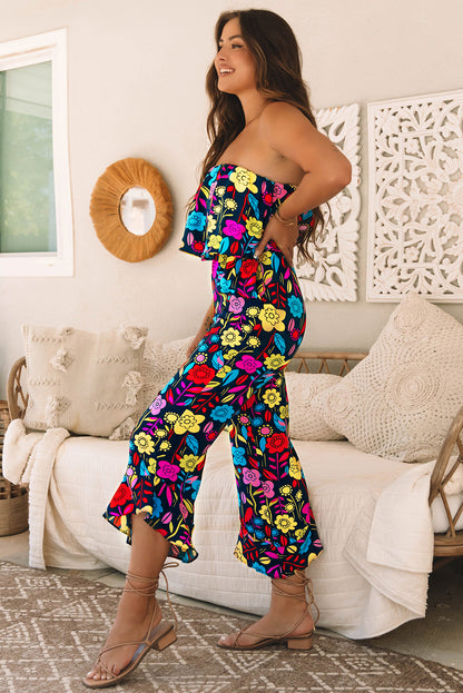 Rot mix tropical print trägerloser geraffter jumpsuit