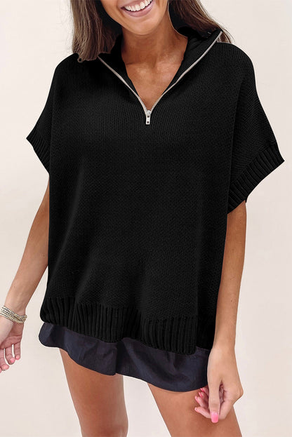 Schwarzer quarter zip pullover mit kurzen fledermausärmeln
