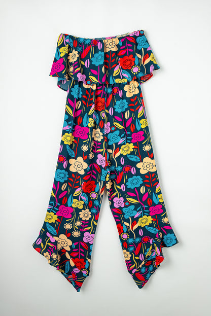 Rot mix tropical print trägerloser geraffter jumpsuit