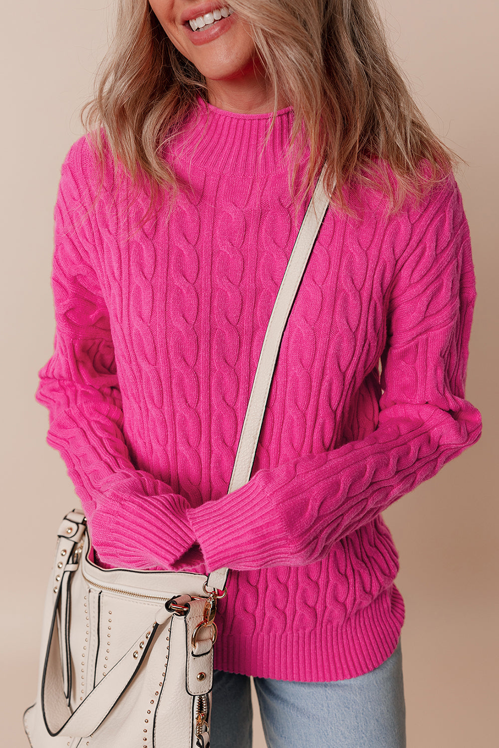 Rose red solid kabel stricken hohen hals drop shoulder pullover