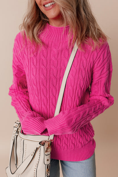 Rose red solid kabel stricken hohen hals drop shoulder pullover