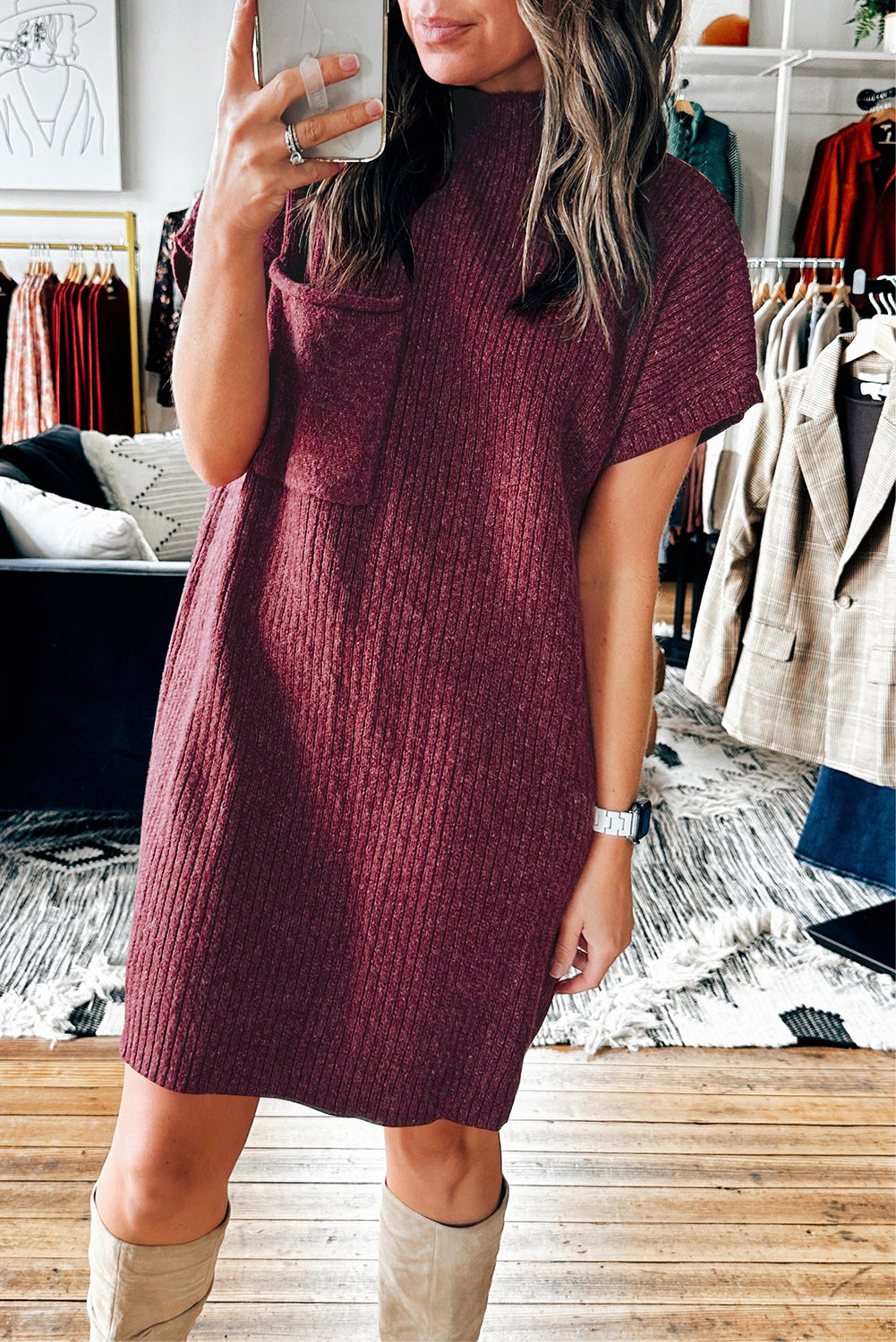 Red dahlia aufnäher tasche gerippt stricken kurze ärmel pullover kleid