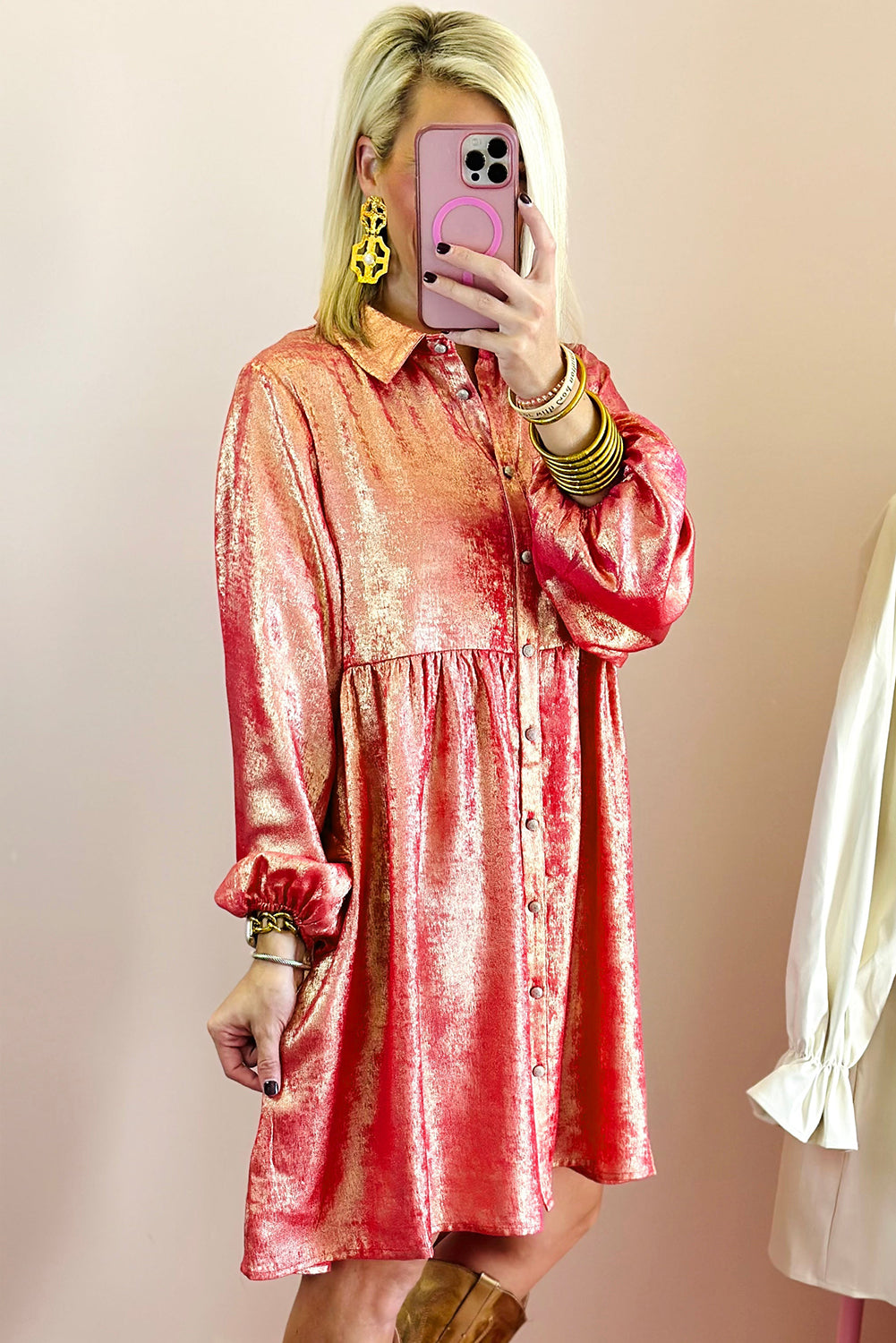 Peach blossom metallic sheen puffärmel button up mini shirt kleid