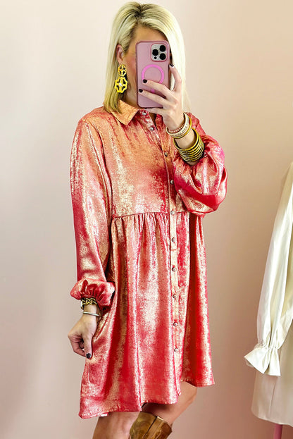 Peach blossom metallic sheen puffärmel button up mini shirt kleid