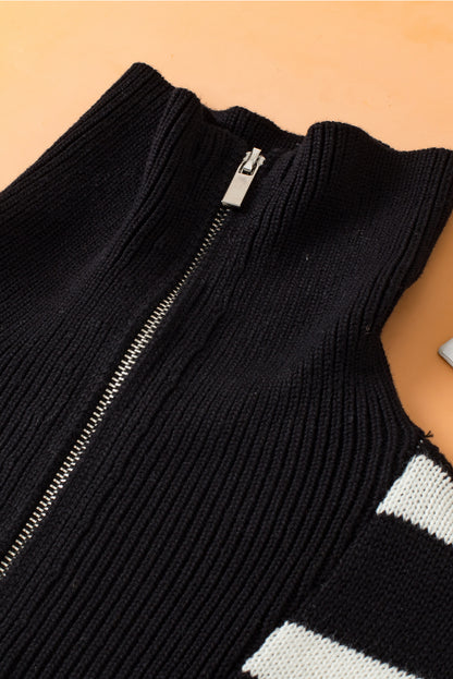 Schwarzer streifenstrickpullover mit reißverschlusskragen tank
