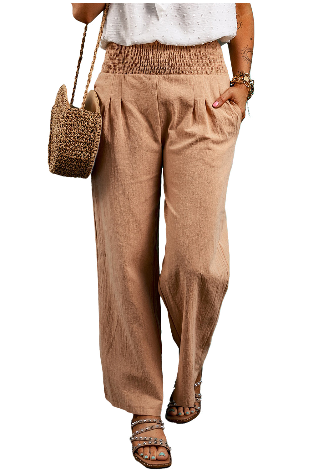 Lehm gesmokte taille lose hose mit geradem bein