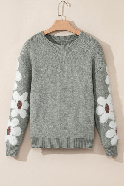 Hellgrauer pullover mit blumenärmeln und hängeschultern