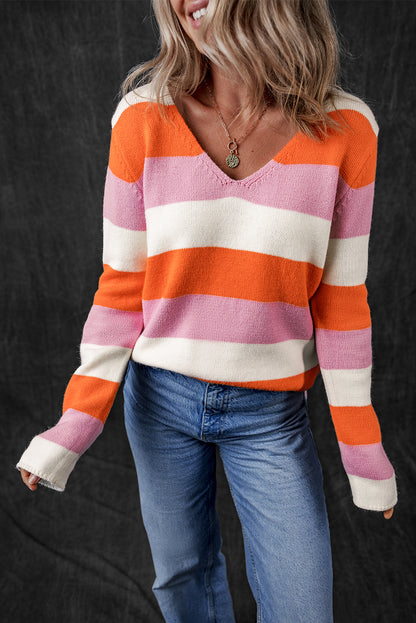 Orange gestreifter colorblock v-ausschnitt freizeitpullover