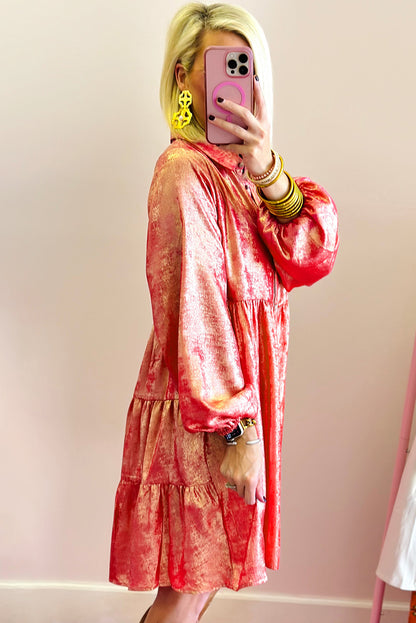 Peach blossom metallic sheen puffärmel button up mini shirt kleid