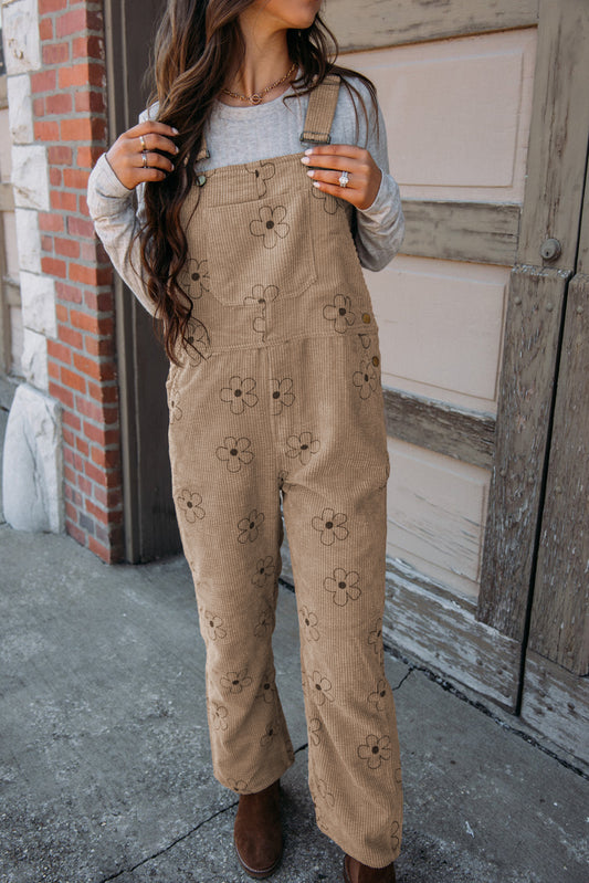 Khakifarbener kord-overall mit blumendruck