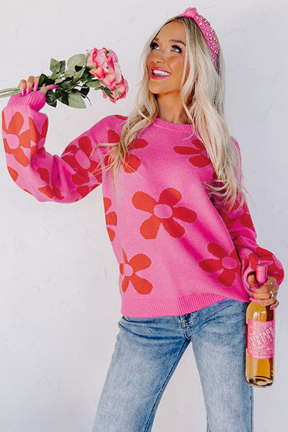 Rose big flower strickpullover mit gerippten abschlüssen