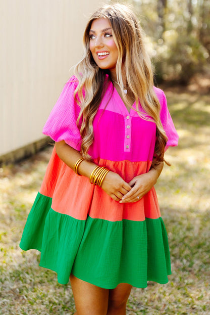 Multicolor color block tiered puff sleeve kleid