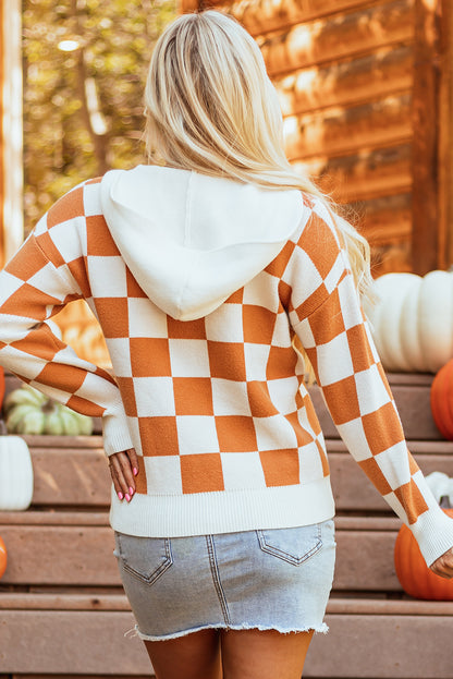 Gold flame checkered split neck kontrast kängurutasche kapuzenpullover