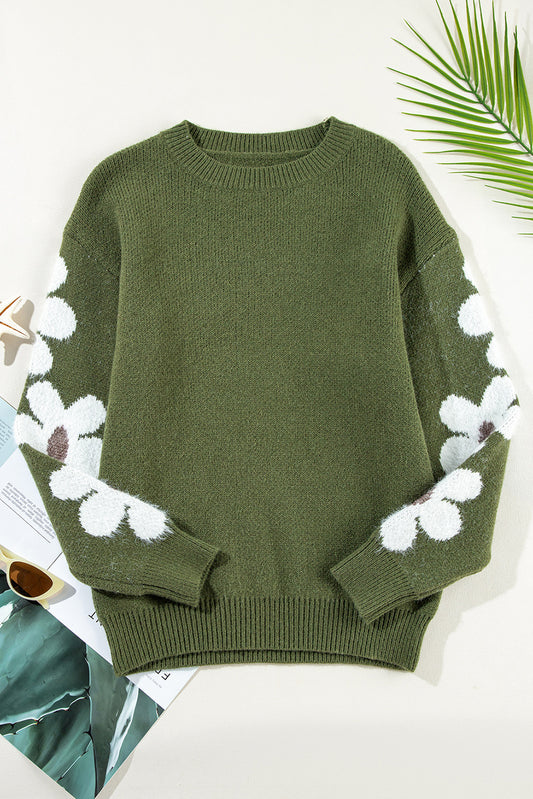 Moosgrüner pullover mit blumenärmeln und hängeschultern