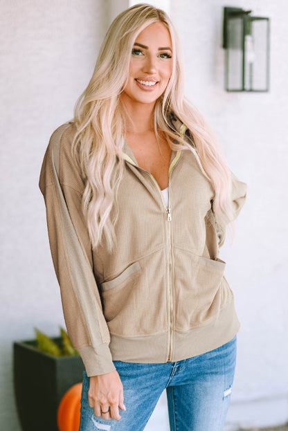 Khaki thermal waffle knit full zipper hooded jacket