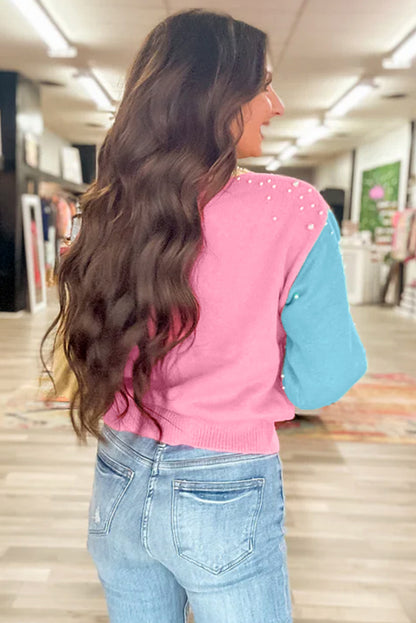 Rosenroter colorblock pullover mit rundhalsausschnitt und halben ärmeln mit perlen