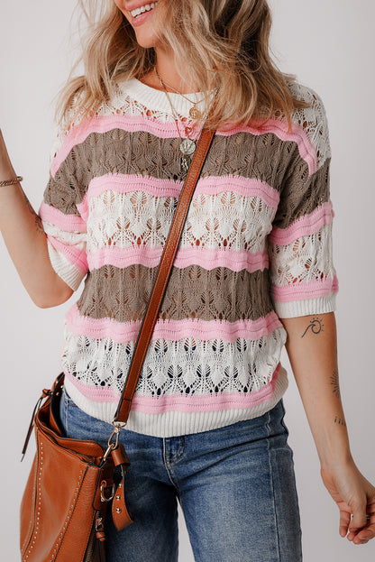 Brown stripe color block hollow out crochet half sleeve pullover
