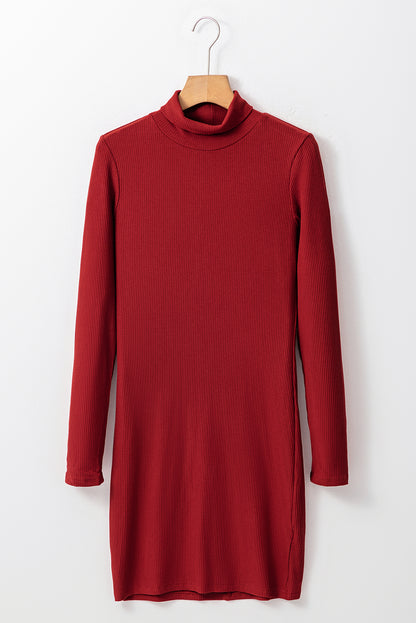 Rennsport rotes geripptes strickkleid mit langen ärmeln und hohem ausschnitt mini-kleid