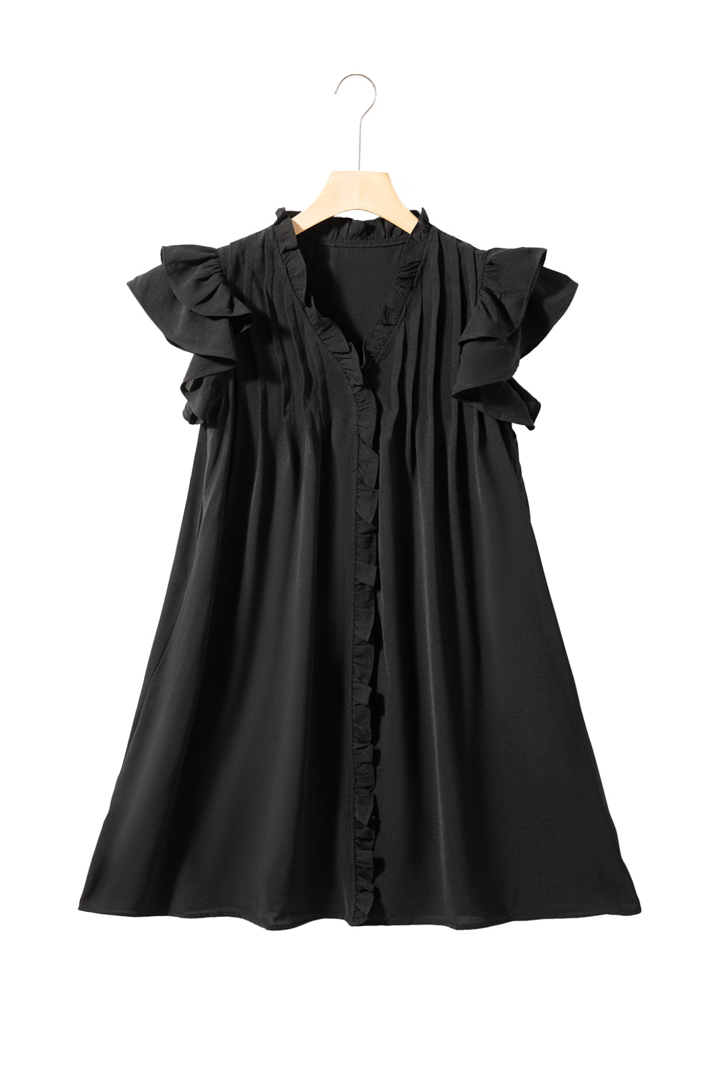 Schwarzes Shiftkleid mit Rüschenärmeln und V-Ausschnitt mit Rüschen