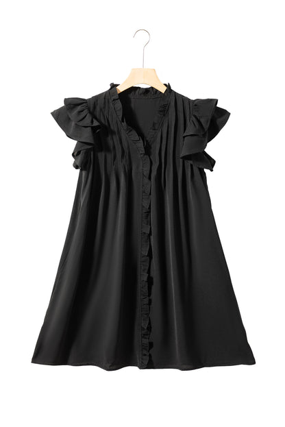 Schwarzes Shiftkleid mit Rüschenärmeln und V-Ausschnitt mit Rüschen
