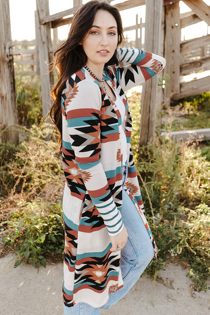 Mehrfarbig geometrisch farbe block offene vorderseite lange strickjacke