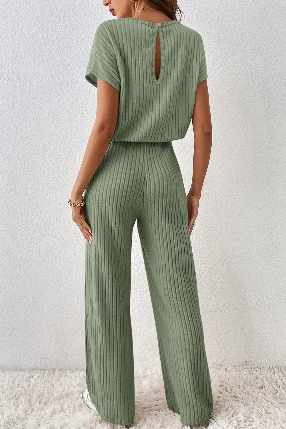 Grasgrün solide farbe gerippt kurzarm weites bein jumpsuit