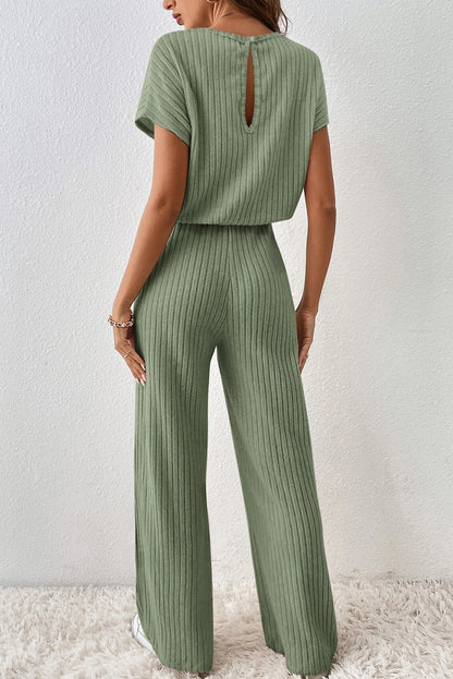 Grasgrün solide farbe gerippt kurzarm weites bein jumpsuit