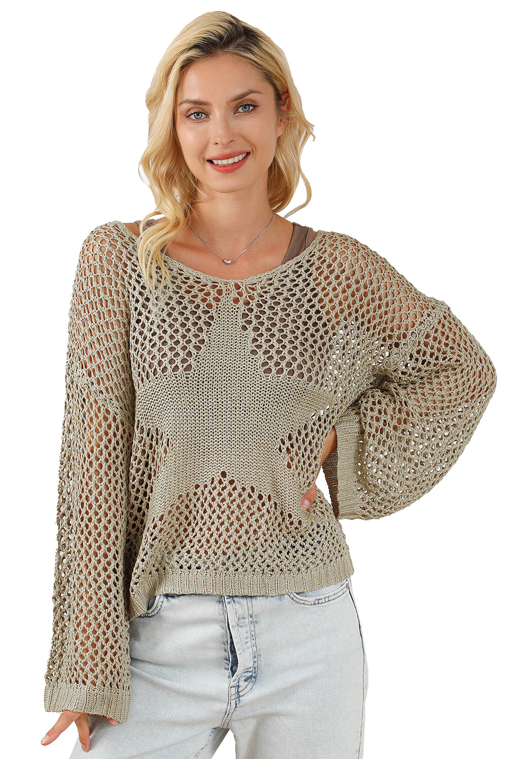 Light french beige star pointelle knit baggy sweater